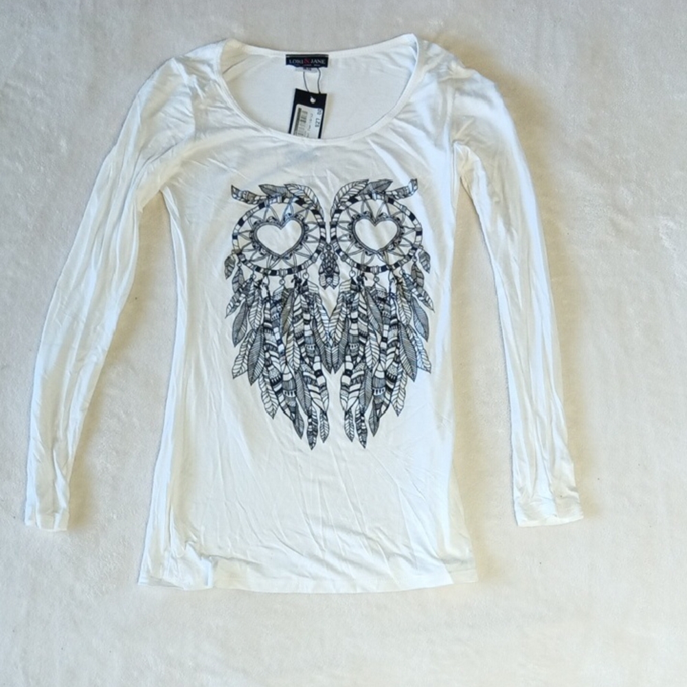 Lori & Jane White Long Sleeve Top with Owl Design. Size 10-12. NWT
